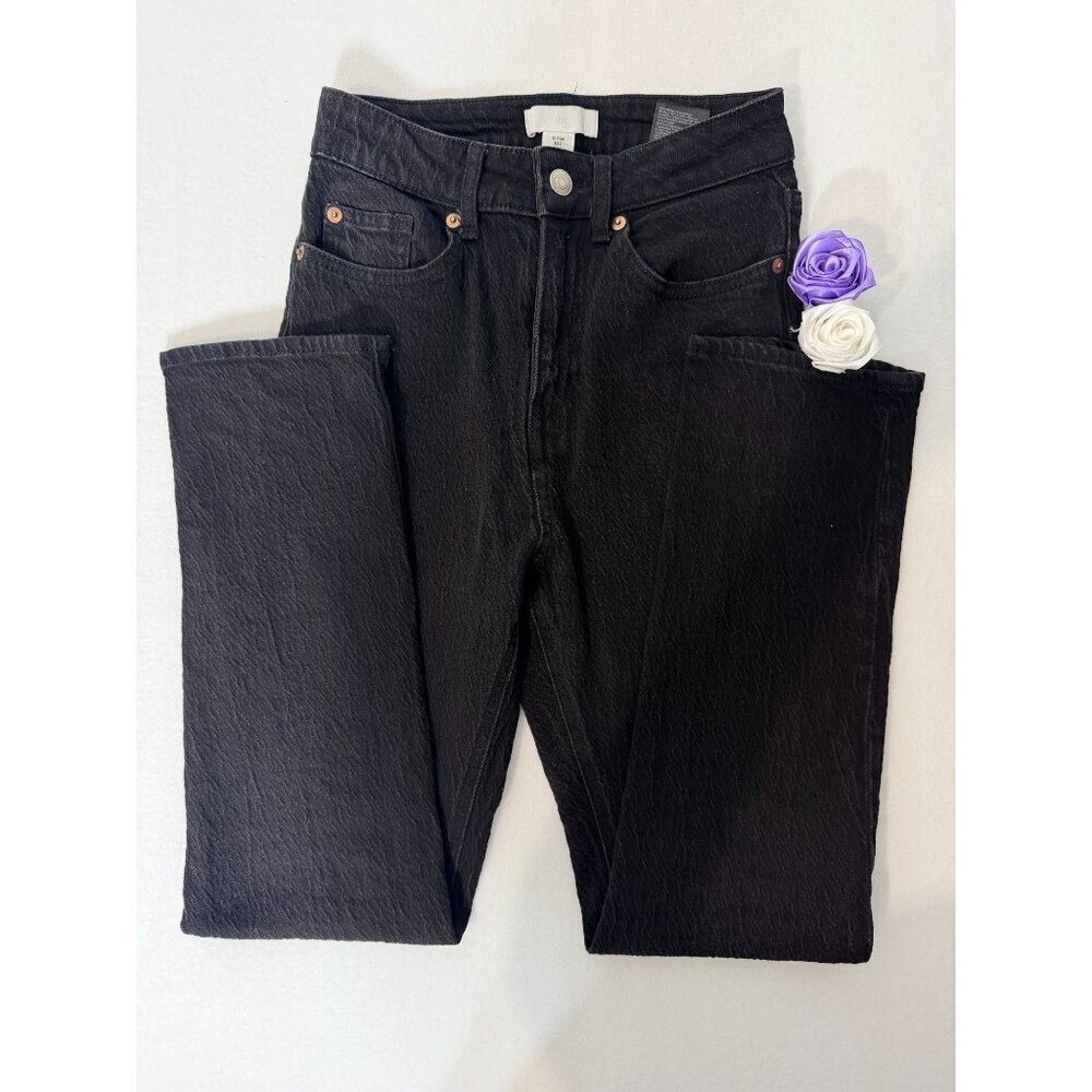 H&M Black Straight-Leg High-Waist Denim Jeans Womens Size 2 US Cotton-Blend